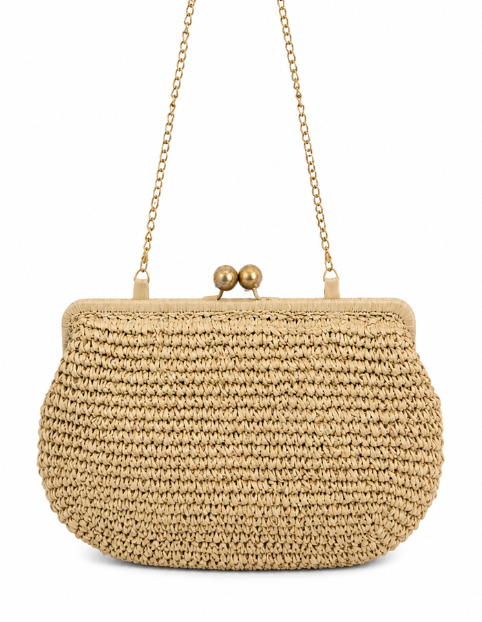 Tas Raffia Clutch Zand